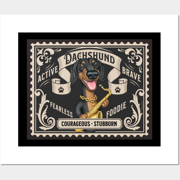 Funny Dachshund playing sax on classic stamp design Wall Art by Danny Gordon Art